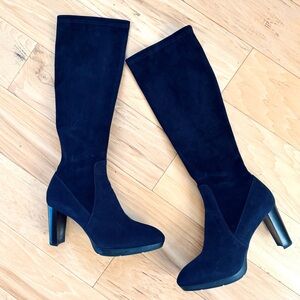 Aquatalia Boots Navy Suede Stretch Rhumba Tall Knee High Sleek Fitted Size 9